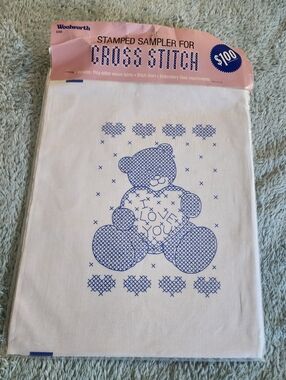 Woolworth Stamped Sampler for Cross Stitch - Blue Teddy Design